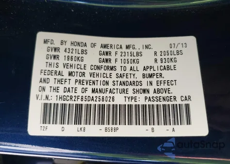 2013 Honda Accord Exl из США, поврежденный, VIN 1HGCR2F85DA258026